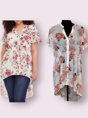 Torrid Lexie Babydoll Chiffon Tunic High Low White & Pink Floral Size 10/ 00